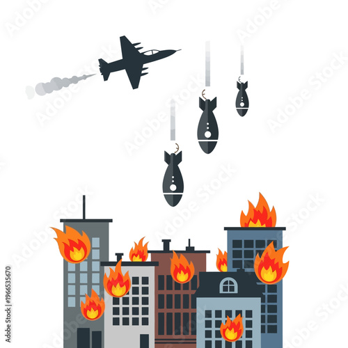 War Jet Dropping Bombs on Burning City Buildings, Destruction and Conflict
