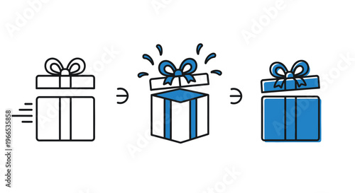 Gift box transformation illustration showing stages of unwrapping and revealing a surprise