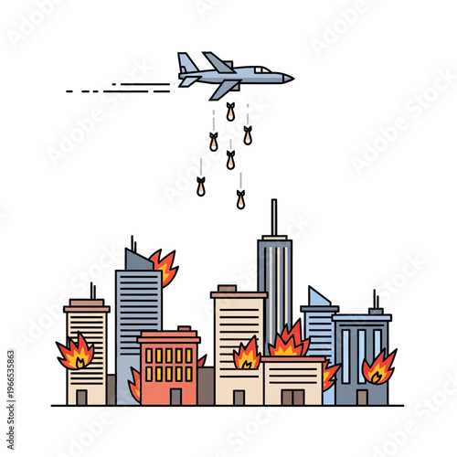 Warfare Jet Bombing City Skyline with Buildings on Fire and Smoke
