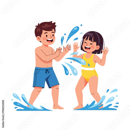 Happy Kids Playing in Water Splashes