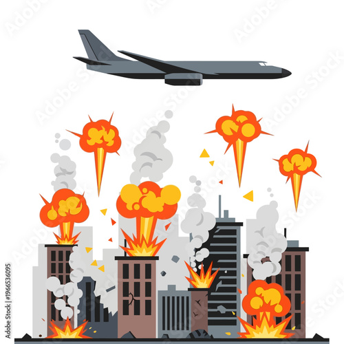 Airplane bombing city buildings with explosions and smoke, war destruction concept illustration