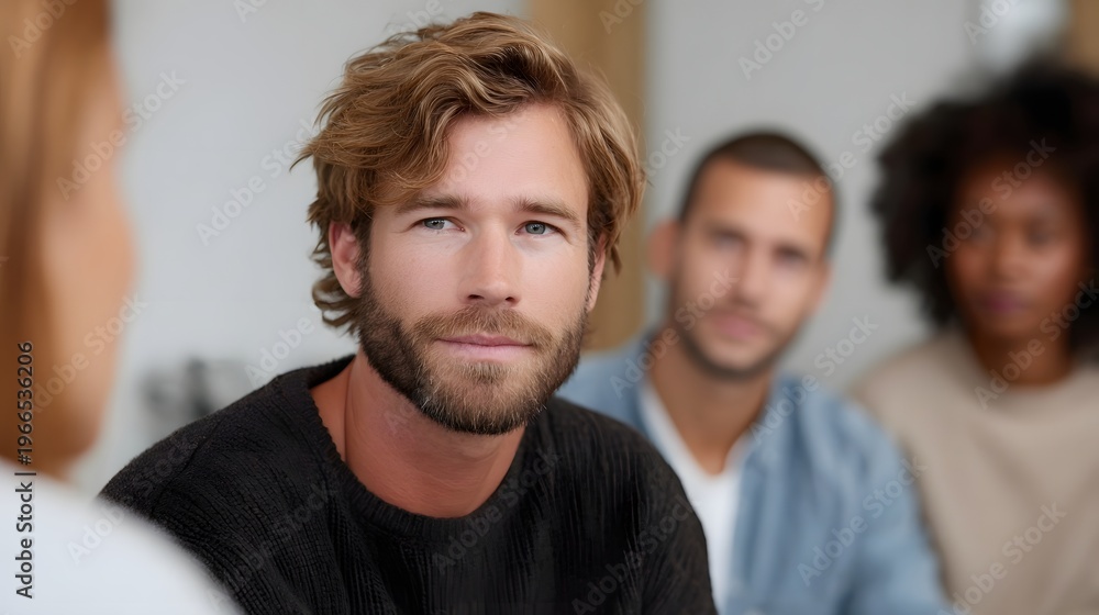 Fototapeta premium Diverse group in a collaborative meeting focusing on a man in the foreground discussing ideas