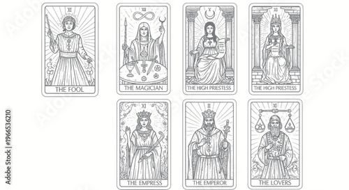 Tarot Cards Illustration: Major Arcana Collection - The Fool, Magician, High Priestess, Empress, Emperor, Lovers