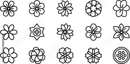 Collection of black outline flower and a medical symbol black and white nature
