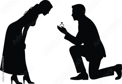 Silhouette illustration of a young man proposing on one knee with an engagement ring to a beautiful woman in a long dress on white background.