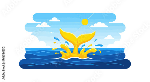 Whale Tail Splashing in Ocean Water, Sunny Day, Marine Life