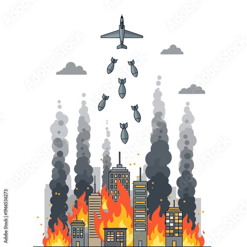 Airplane dropping bombs on burning city skyline, war and destruction concept