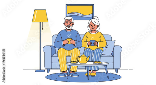 Elderly Couple Enjoying Coffee Together on Sofa, Cozy Living Room