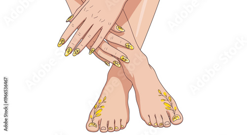 Elegant Female Feet and Hands with Yellow Floral Nail Art and Pedicure