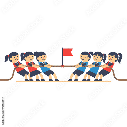 Children Playing Tug-of-War Game with Red Flag - Teamwork and Competition