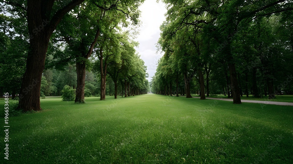 Fototapeta premium A long tree lined avenue through a lush green park creates a symmetrical pathway vanishing into the distance under an overcast sky