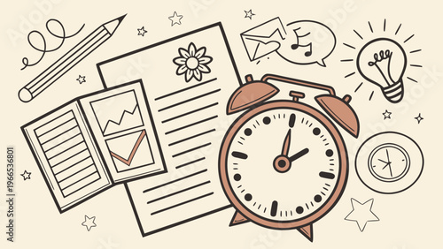 Time management business concept halftone art collage cut outs set. Various paper clipping shapes, stickers with vintage dotted texture and doodles. Modern retro grunge mixed media vector illustration