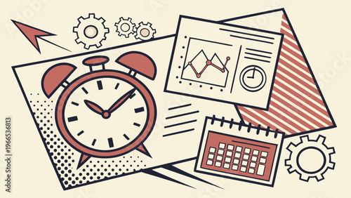 Time management business concept halftone art collage cut outs set. Various paper clipping shapes, stickers with vintage dotted texture and doodles. Modern retro grunge mixed media vector illustration