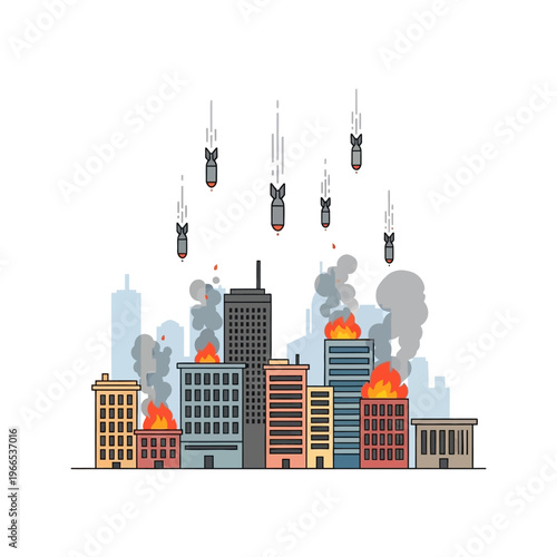 City skyline under aerial bombardment, buildings on fire, bombs falling from sky
