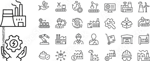 Factory and manufacturing Web Icon Set in Linear Collection of manufacturing line icons, Style, including automation, plants, industrial, production, machine, warehouse and more .eps