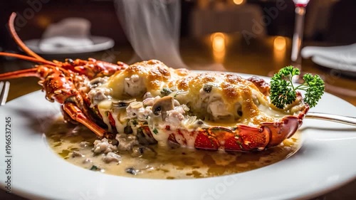 A delicious baked seafood dish with melted cheese and mushrooms, served hot with steam rising from the plate