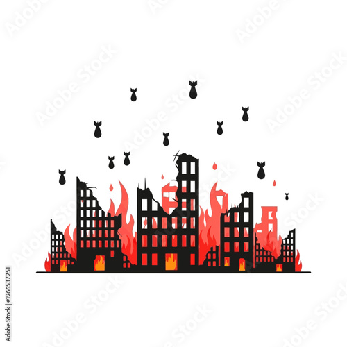 Cityscape bombed and burning, destruction of buildings, aerial bombardment, war concept illustration