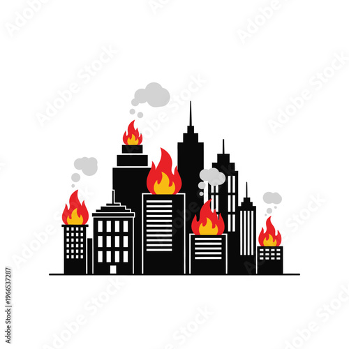 Cityscape on Fire: Burning Buildings and Smoke