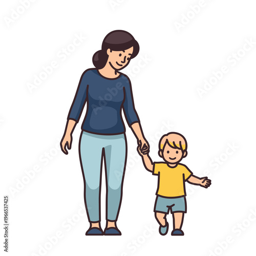 Mother walking with toddler son, holding hands, happy family, childhood, parenting, love, togetherness