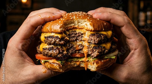 Hands Holding Bitten Double Cheeseburger with Dripping Sauce, Close Up of Huge Juicy Beef Burger in Professional Food Photography