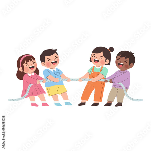 Diverse kids playing tug of war, smiling and having fun, teamwork concept