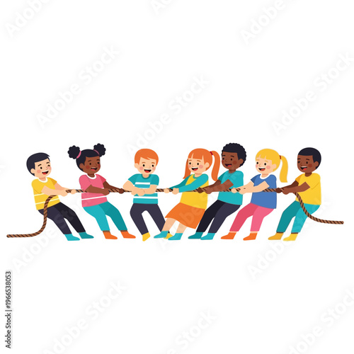Diverse kids playing tug of war, teamwork and competition concept, vector illustration