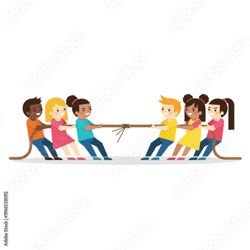 Diverse kids playing tug of war, teamwork and competition concept