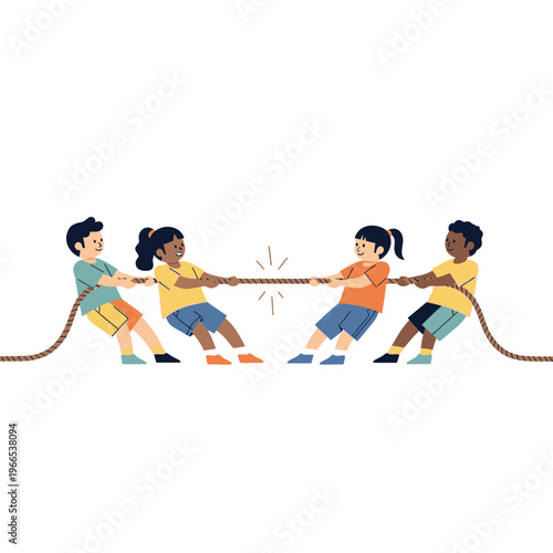Diverse kids playing tug of war, teamwork, competition, fun, isolated on white background