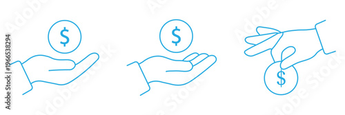 Savings icon thin line outline. Save money icon set, salary money, Hand holding dollar vector. Cashback icon set with money refund symbols, featuring a hand receiving returned money return investment 