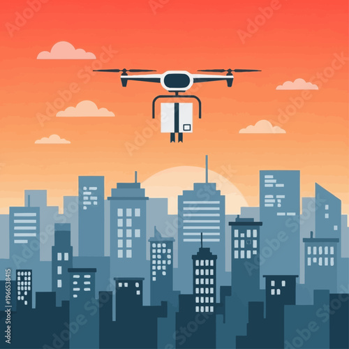 Drone Flying Over City Skyscrapers Illustration.