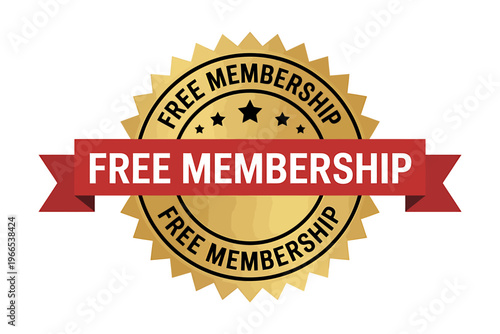 Golden free membership badge with red banner and white text on transparent background