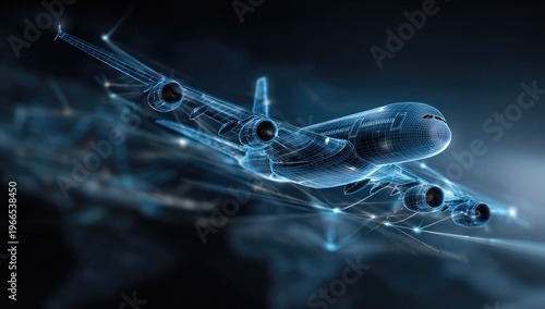 Futuristic holographic blueprint of a massive airplane in flight