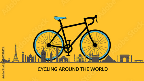 Cycling around the world with a bicycle and city skyline in background