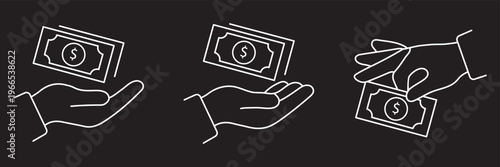 Hand money exchange icon thin line outline art. Hand Icon Sheet Multiple Style. Saving icon in a simple line art style. Payment method in hand vector icon set. three styles for business and finance