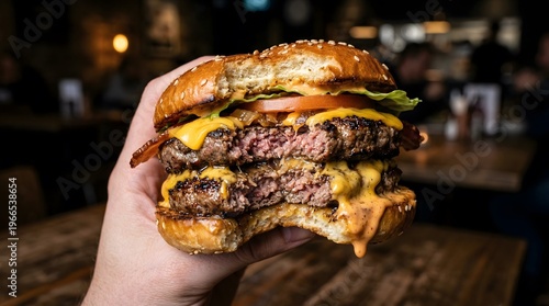 Hand Holding Bitten Double Beef Burger with Melting Cheese and Sauce, Close Up of Juicy Bacon Cheeseburger in Pub Restaurant