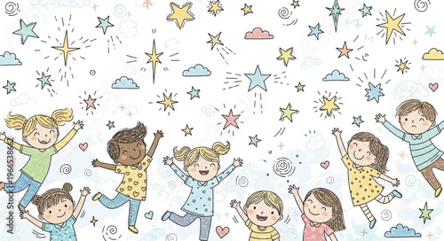 Children Joyfully Playing Under Falling Stars and Snowflakes Illustration.