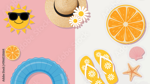 Summer vacation accessories and fruits on pink and white background