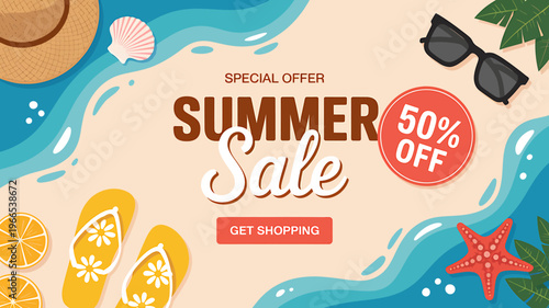 Summer sale advertisement with beach items and discount offer on sandy background