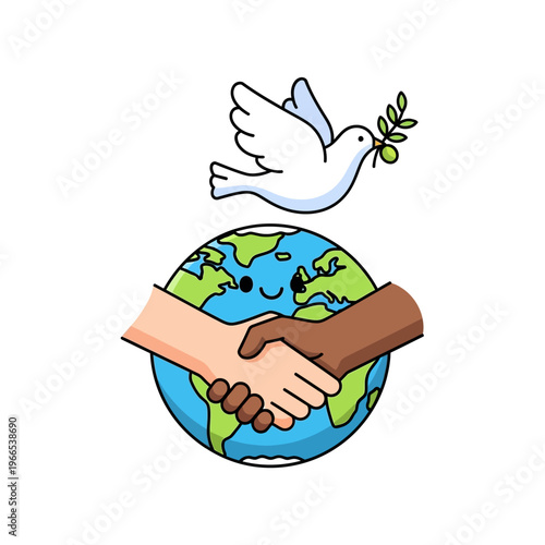 Dove with Olive Branch, Earth, and Interracial Handshake - Symbol of Peace and Unity