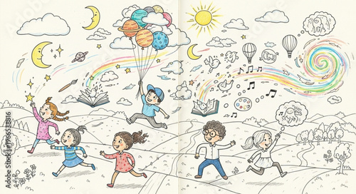 Children joyfully running with balloons under a whimsical sky.