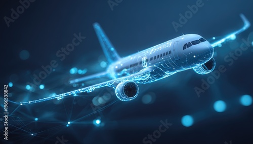 Futuristic digital blueprint of an aircraft, glowing with blue connectivity