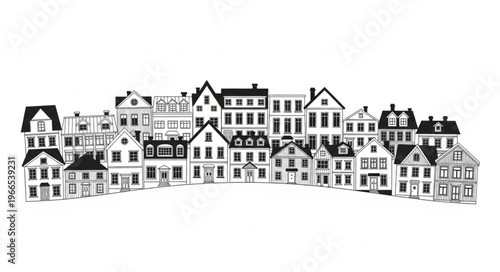 Charming Hand-Drawn Row of Diverse Houses Illustration.