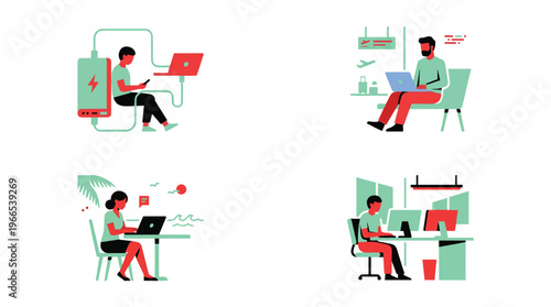 Digital nomads working remotely in various locations