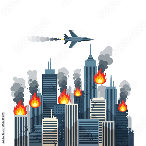 Modern City Under Attack: Fighter Jet Flies Over Burning Skyscrapers, Destruction, War
