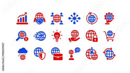 Icons representing global business and communication.