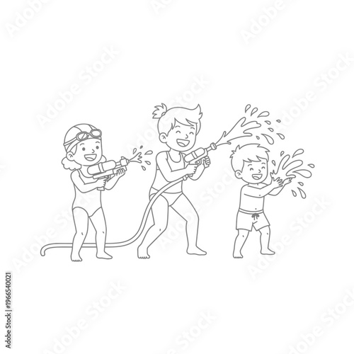 Children Playing with Water Guns, Summer Fun, Outdoor Activity, Vector Illustration