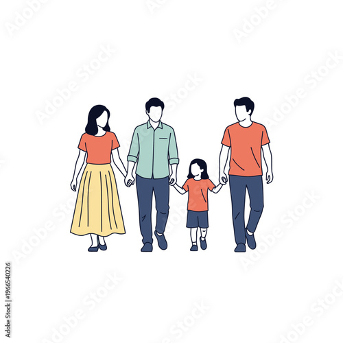 Diverse Family Walking Together, Holding Hands, Simple Line Art
