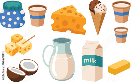 Dairy food flat cartoon vector icon set with milk cheese desserts for web print