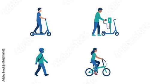 People using alternative transport modes icons