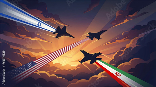 Geopolitical Conflict Concept featuring US, Israel, and Iran Fighter Jet Trails